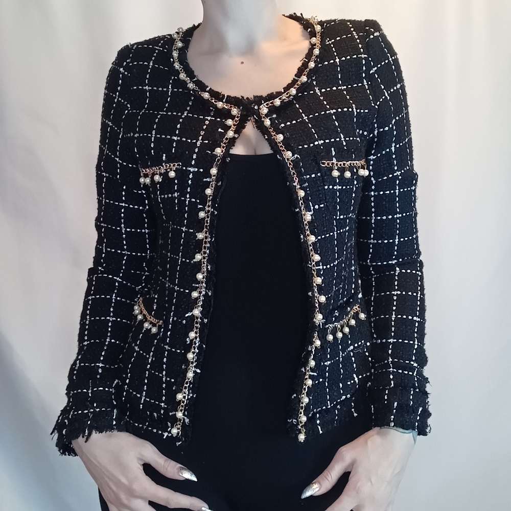 Dainty Black and White Woven Blazer